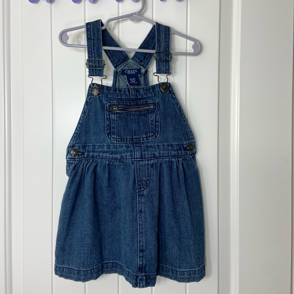 CHAPS toddler girl’s medium wash‎ blue denim overall jumper dress summer spring